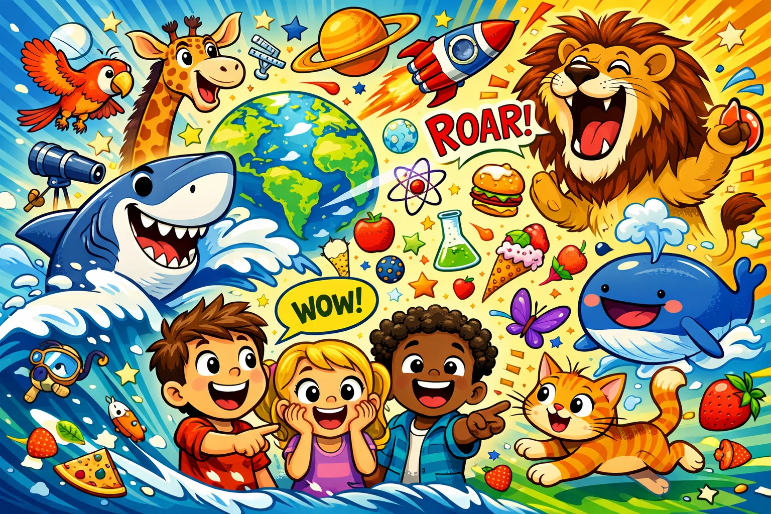 Fun facts for kids sharks animals more cartoon with excited children and playful creatures.