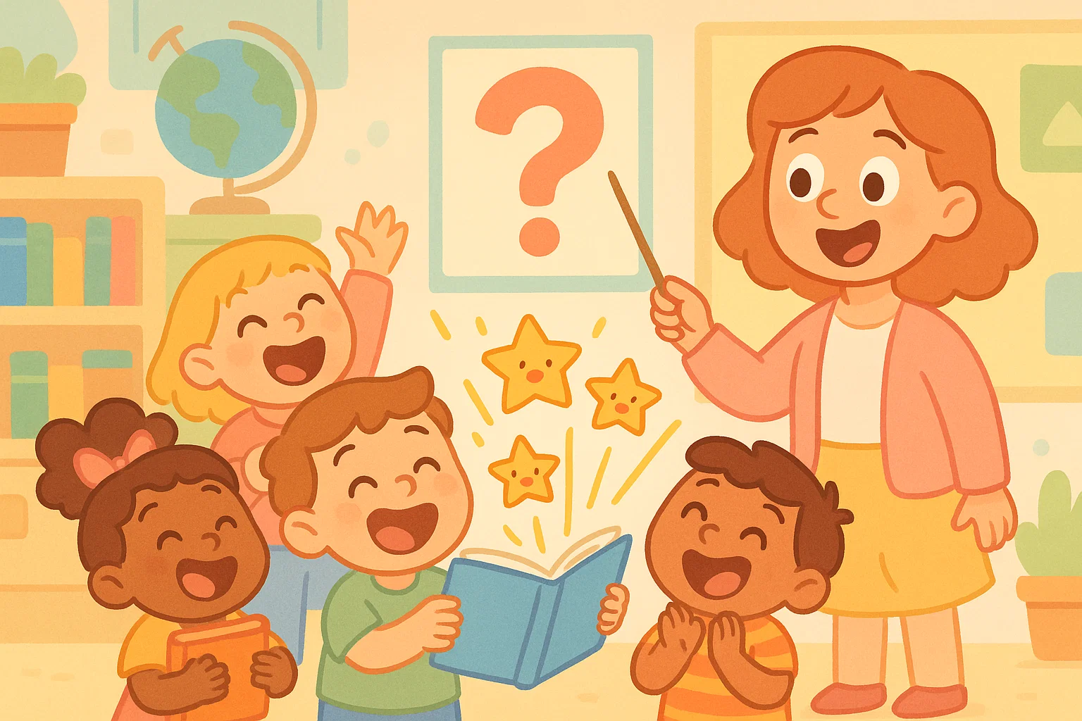 Kindergarten kids learning fun facts with a teacher in a bright cartoon classroom.