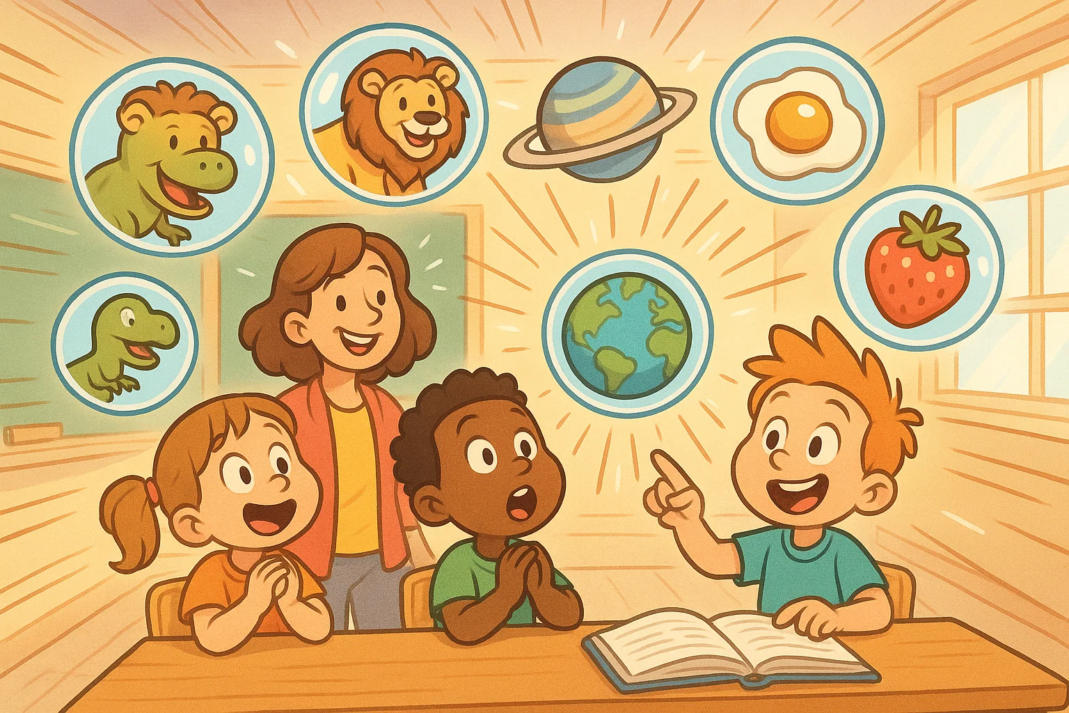 Preschoolers learning fun facts in a bright cartoon classroom with happy teacher.