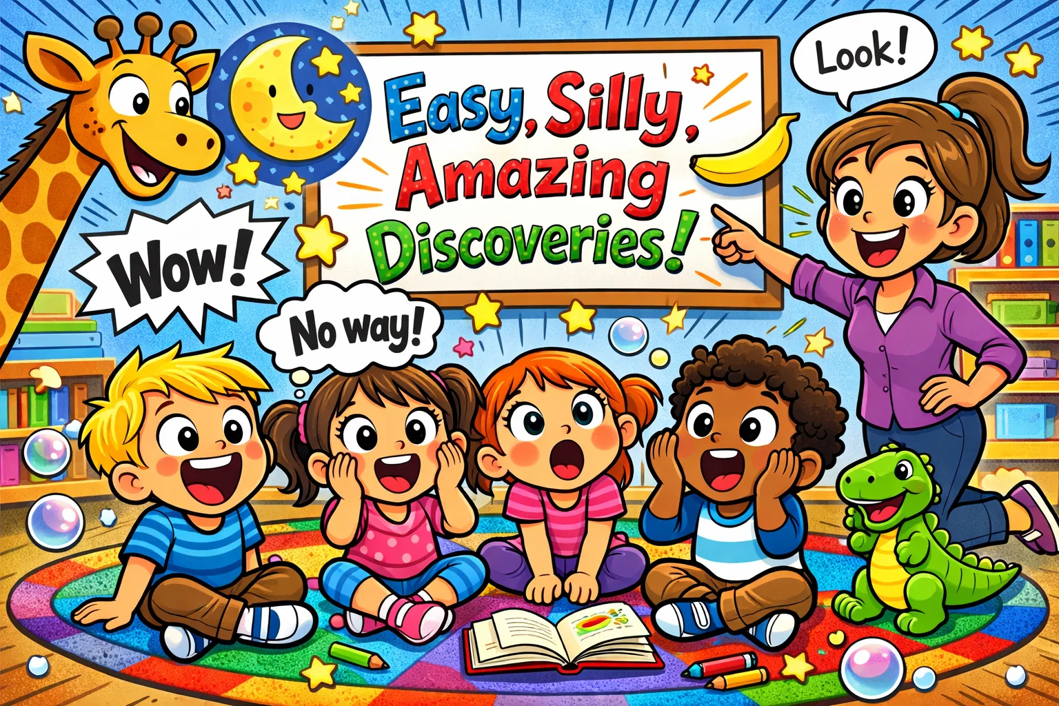 Fun facts for preschoolers with animated children discovering dinosaurs, rainbows, and animals.