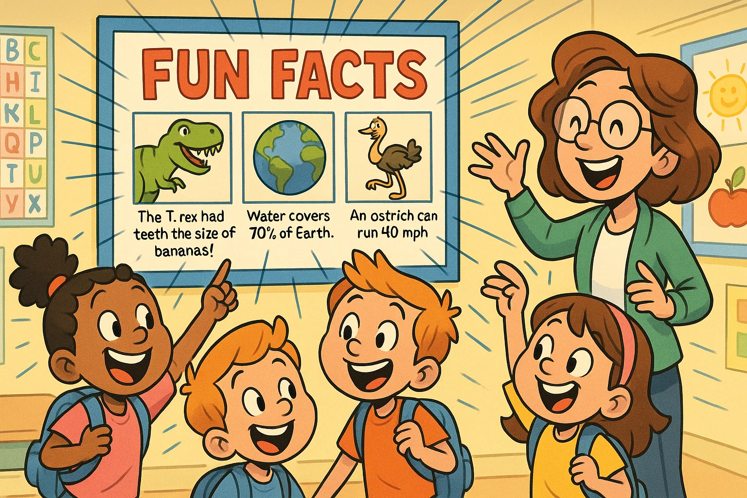 Fun facts primary students cartoon showing kids discovering new facts in class.