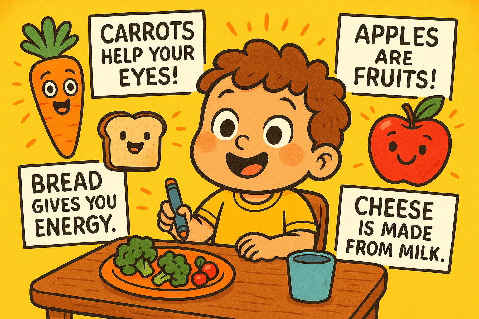 3-year-old child discovering fun food facts with colorful fruits like carrots and apples.
