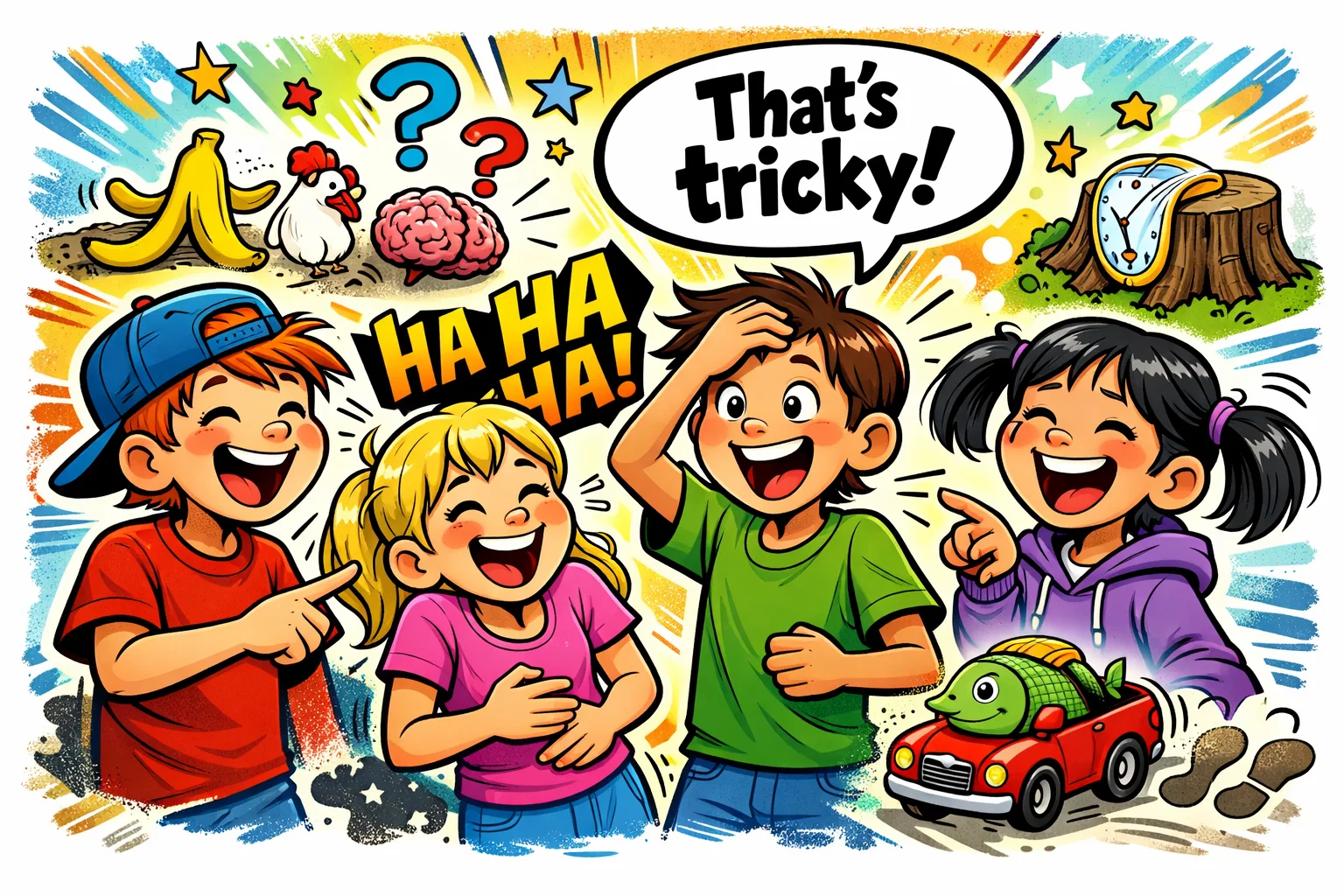 Fun riddles 12 year olds with kids laughing and guessing answers. 
