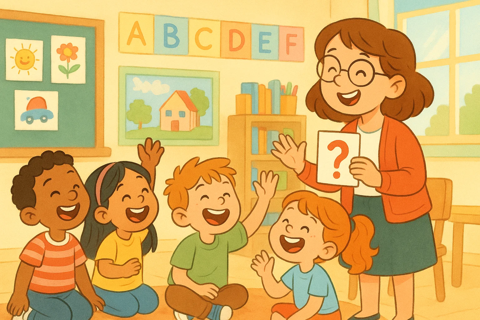 Happy kindergarten kids solving fun riddles in a bright classroom setting.