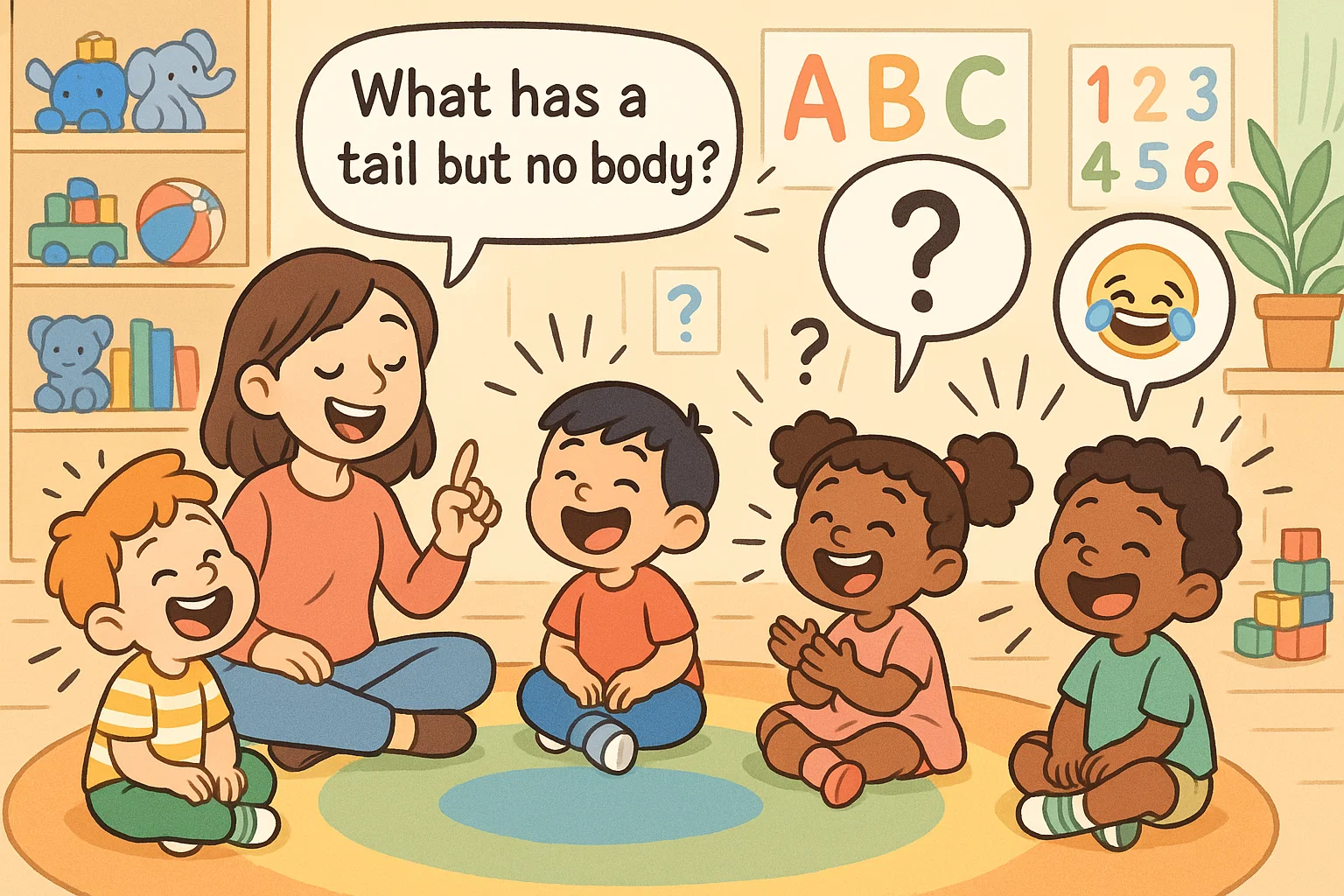 Preschool kids solving fun riddles with a teacher in a colorful classroom.