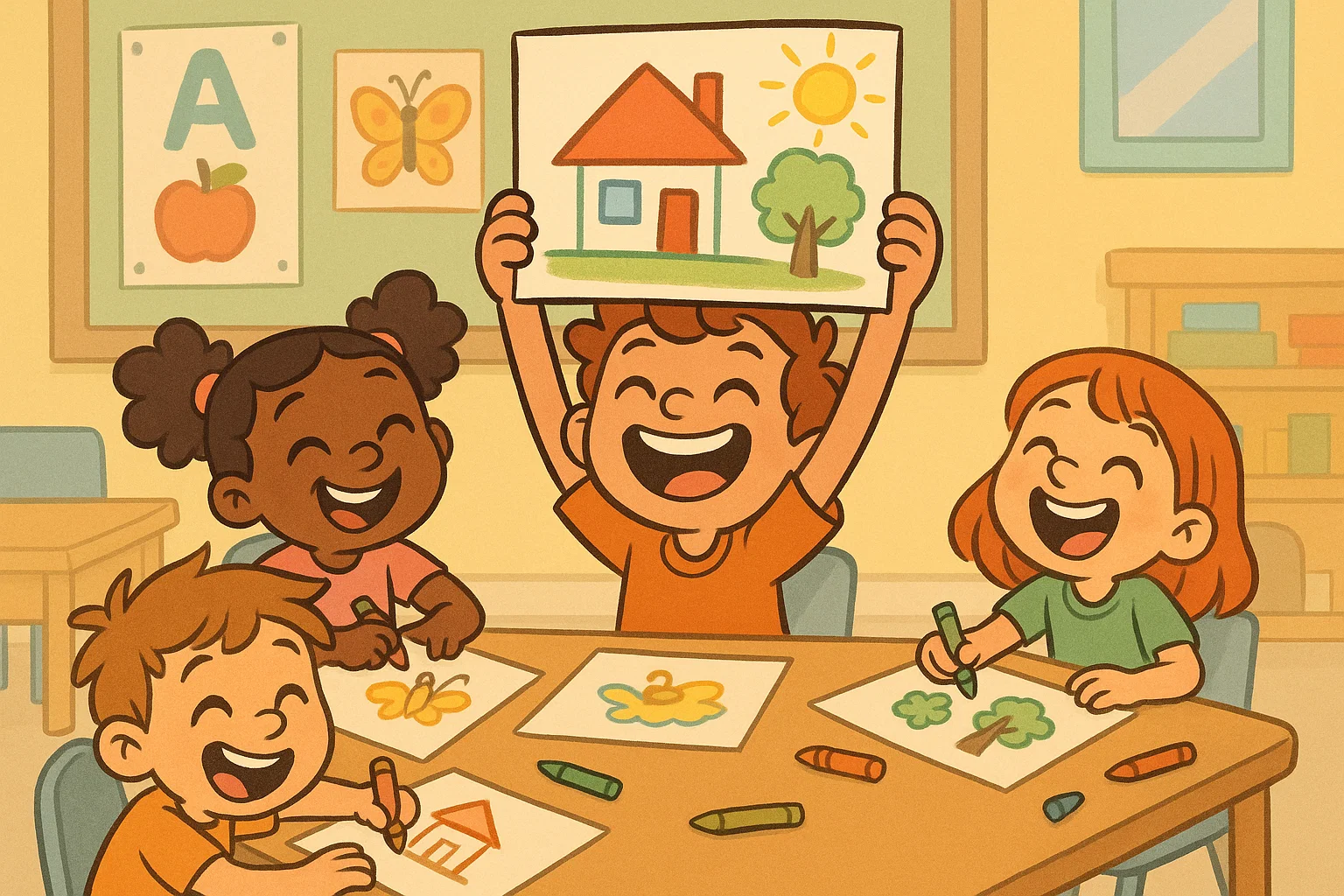 Happy grade 4 students making fun and simple art with bright colors.