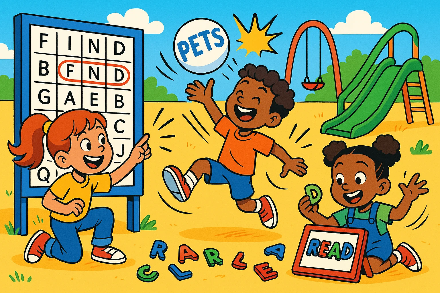 Fun spelling activities for kids cartoon playground with learning games.