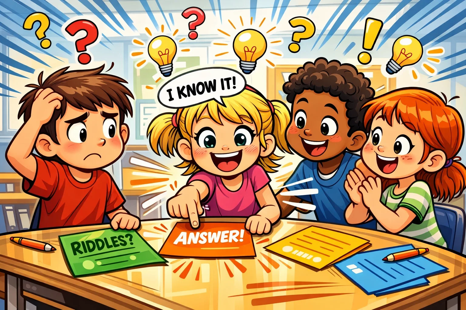 Fun tricky riddles for kids with bright, engaging cartoon illustrations showing kids solving riddles.