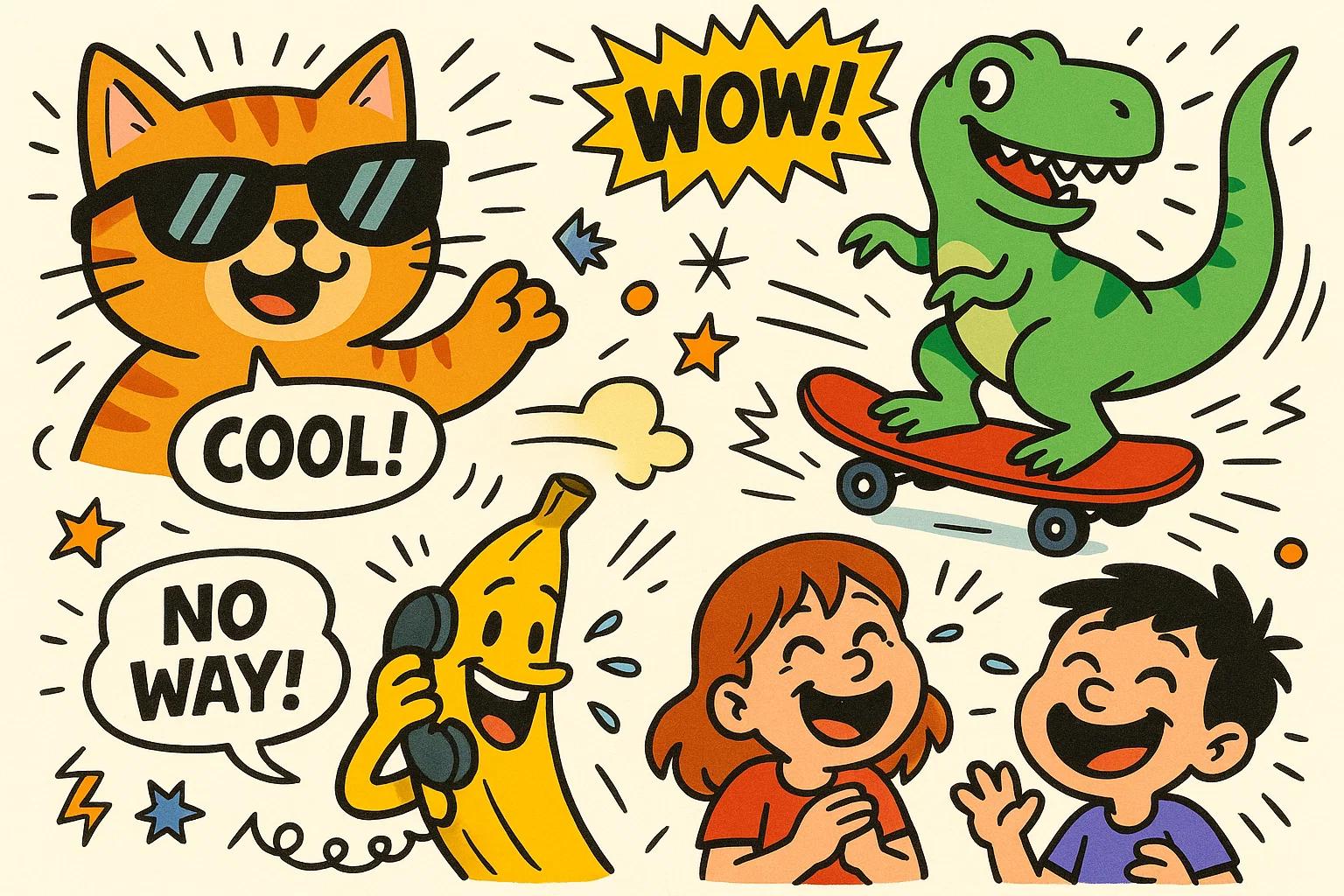 Cartoon collage of kids laughing at funny and random facts in bright comic style.
