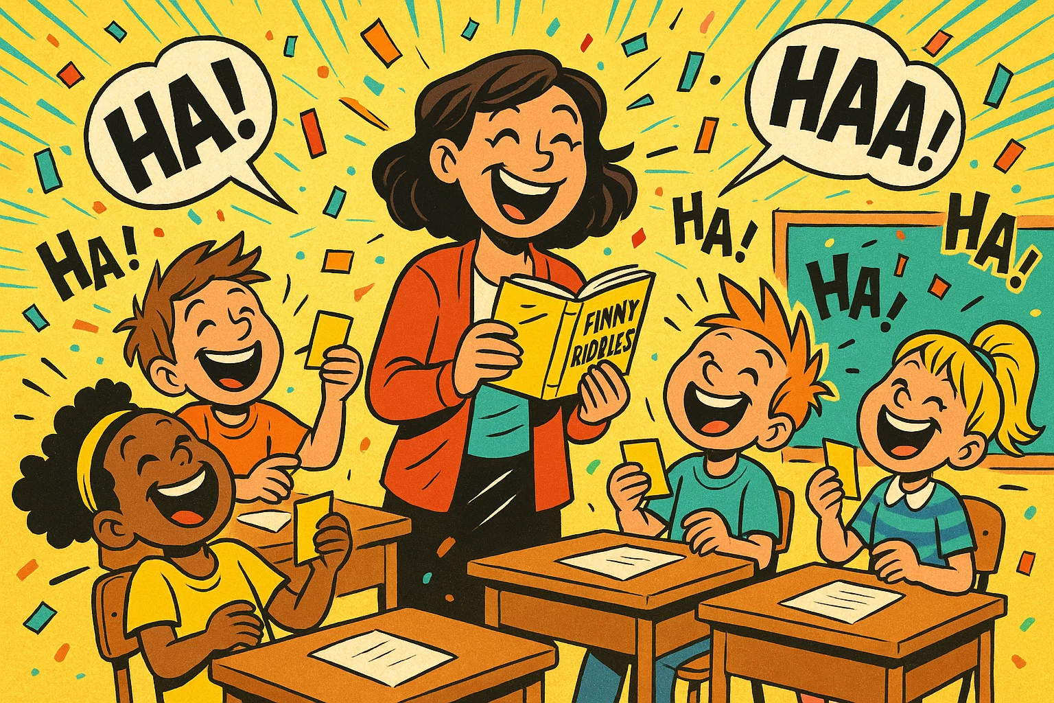 Kids laughing at funny and silly riddles during playful classroom activity.
