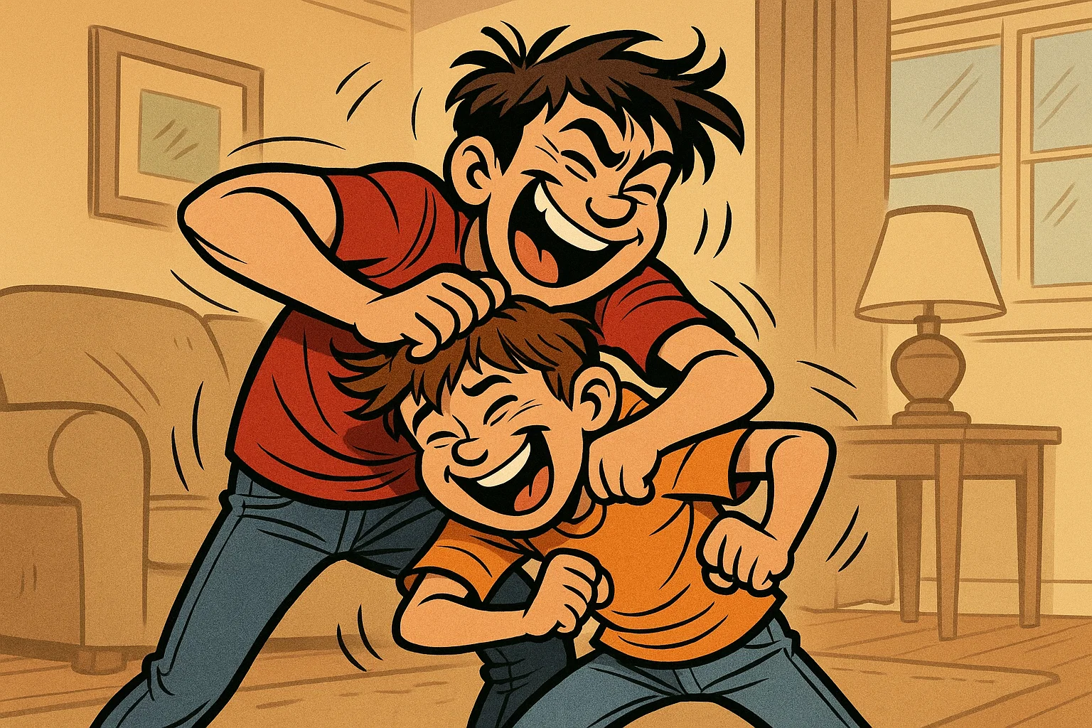 Brothers laughing and teasing each other in a funny playful moment.