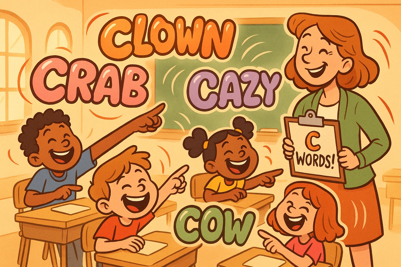 Students laugh in class at funny c words classroom scene with floating comic bubbles.