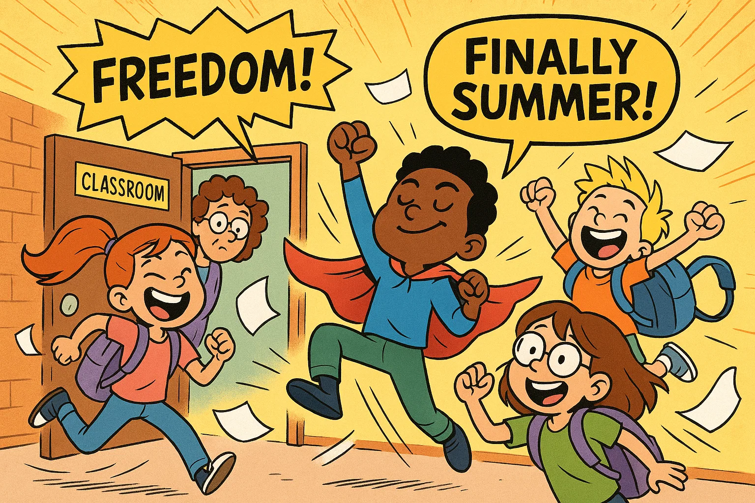 Cartoon showing funny last day of school quotes with excited students rushing out.