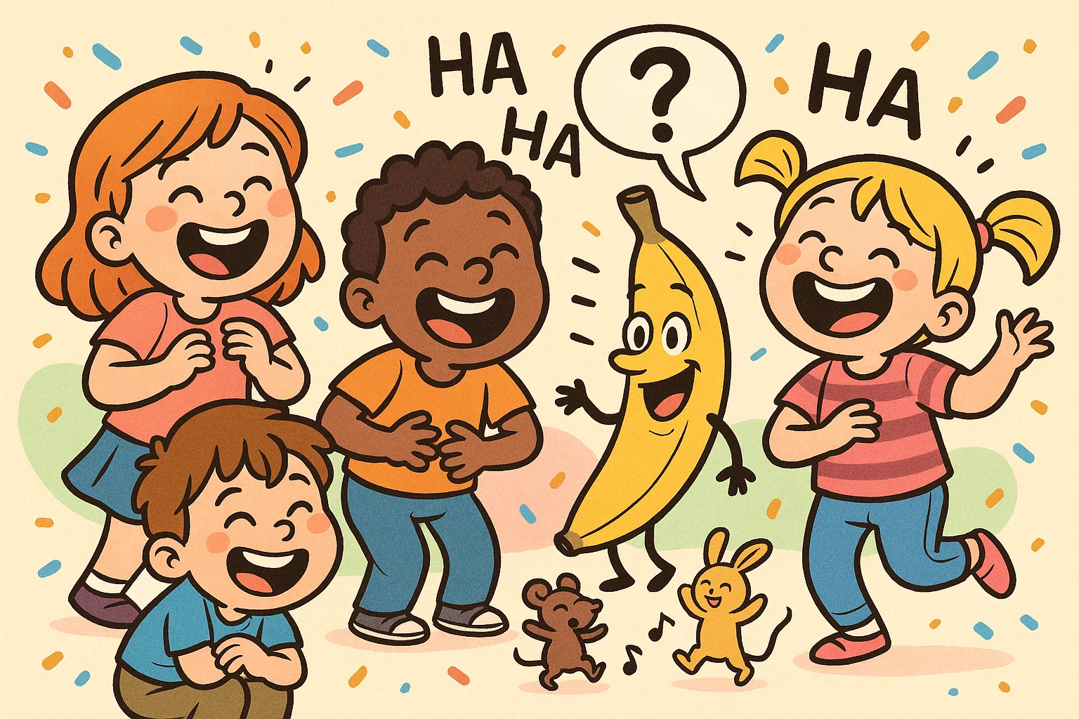 Kids laughing while solving funny riddles for 6 year olds in a cartoon style.
