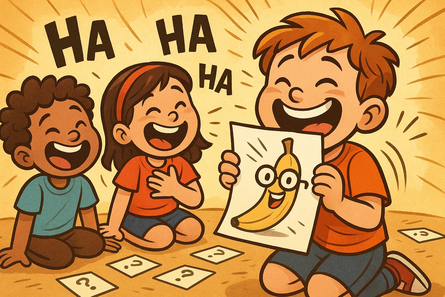 Kids laughing at funny riddles for 7 year olds at school.