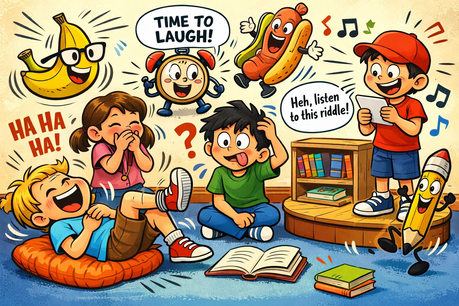 Funny riddles for 9 year olds with answers in a playful cartoon classroom.
