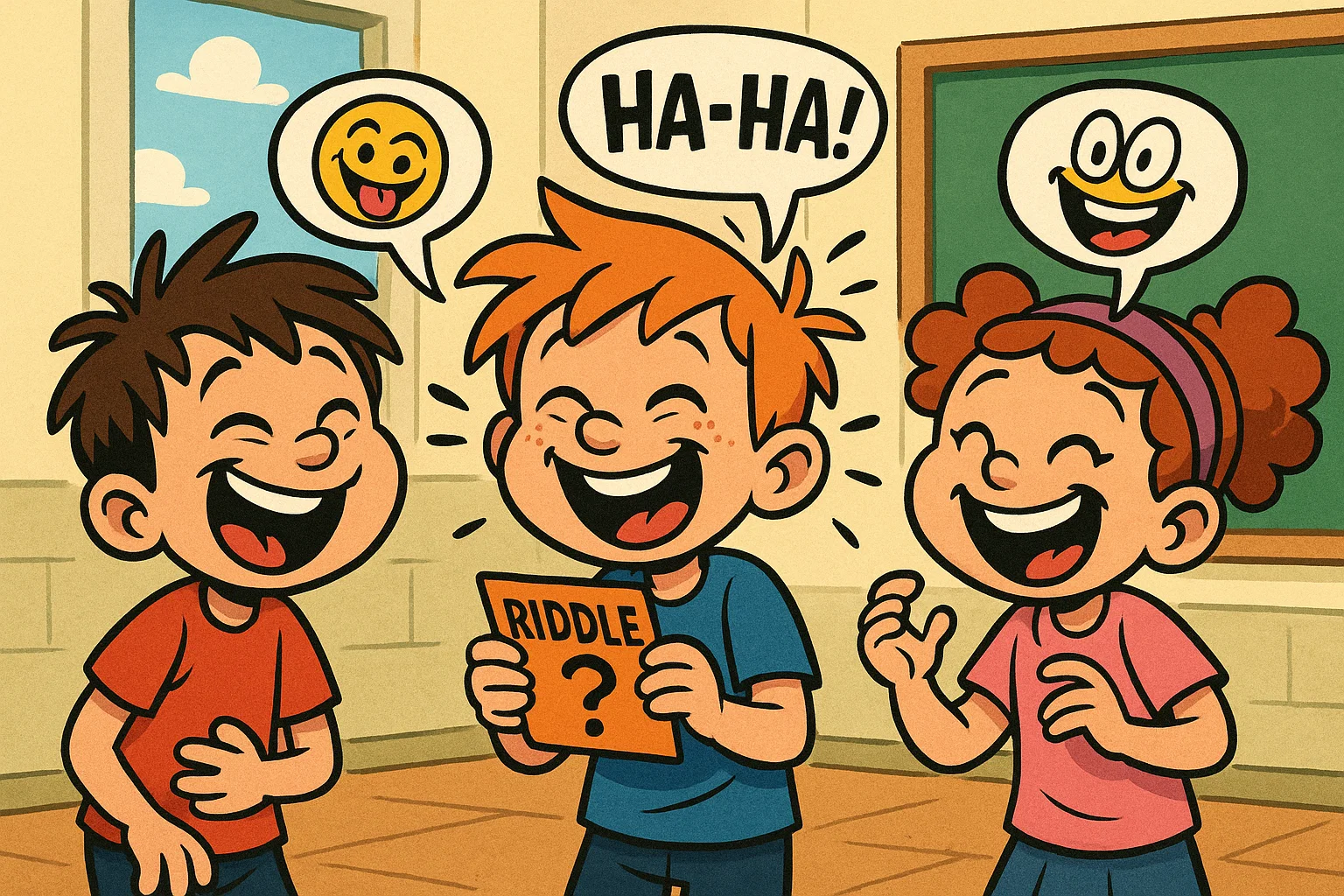Kids laughing and enjoying funny riddles for 9 year olds in a cartoon scene.