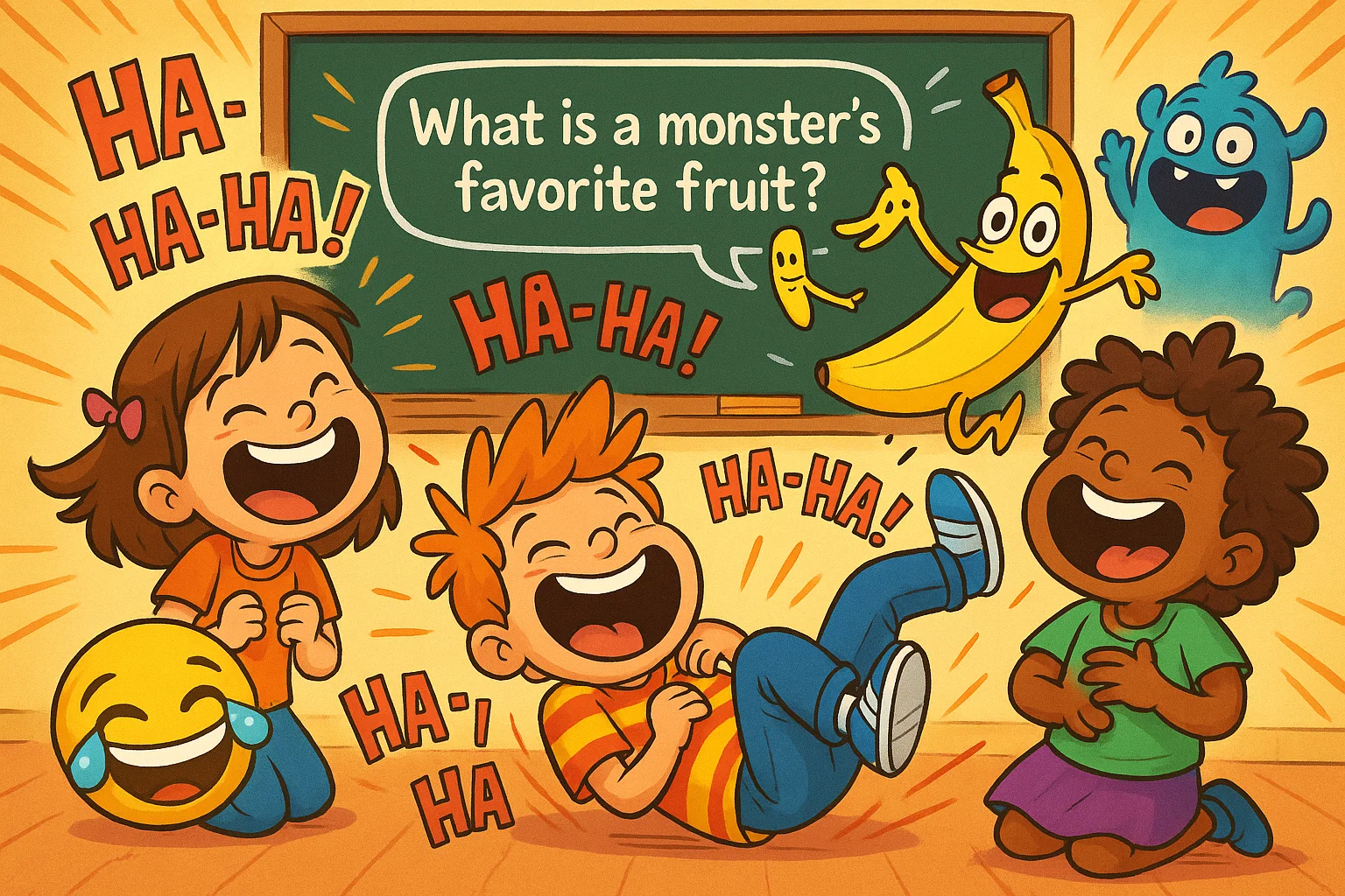 Kids age 10 laughing at funny riddles on a school chalkboard.