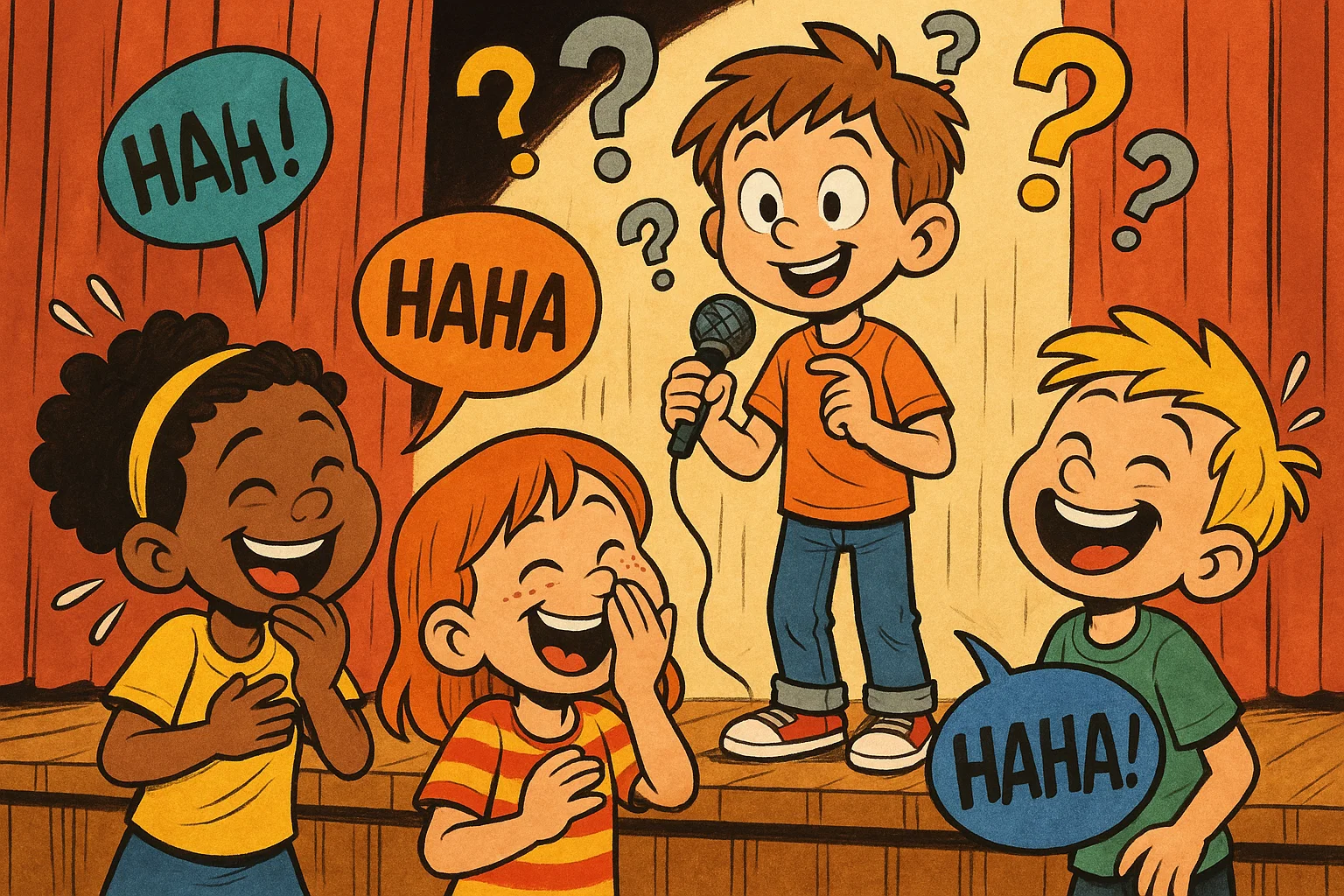  Kids enjoying funny riddles and laughing together during kindergarten fun time.