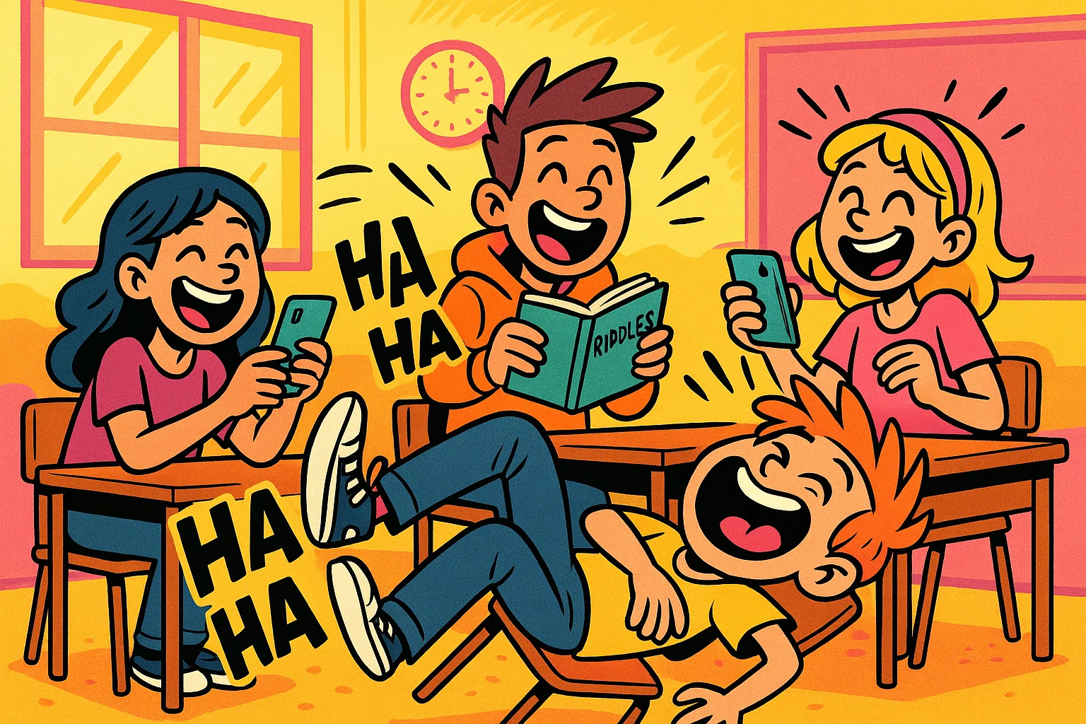 Cartoon of teens laughing while reading funny riddles together.
