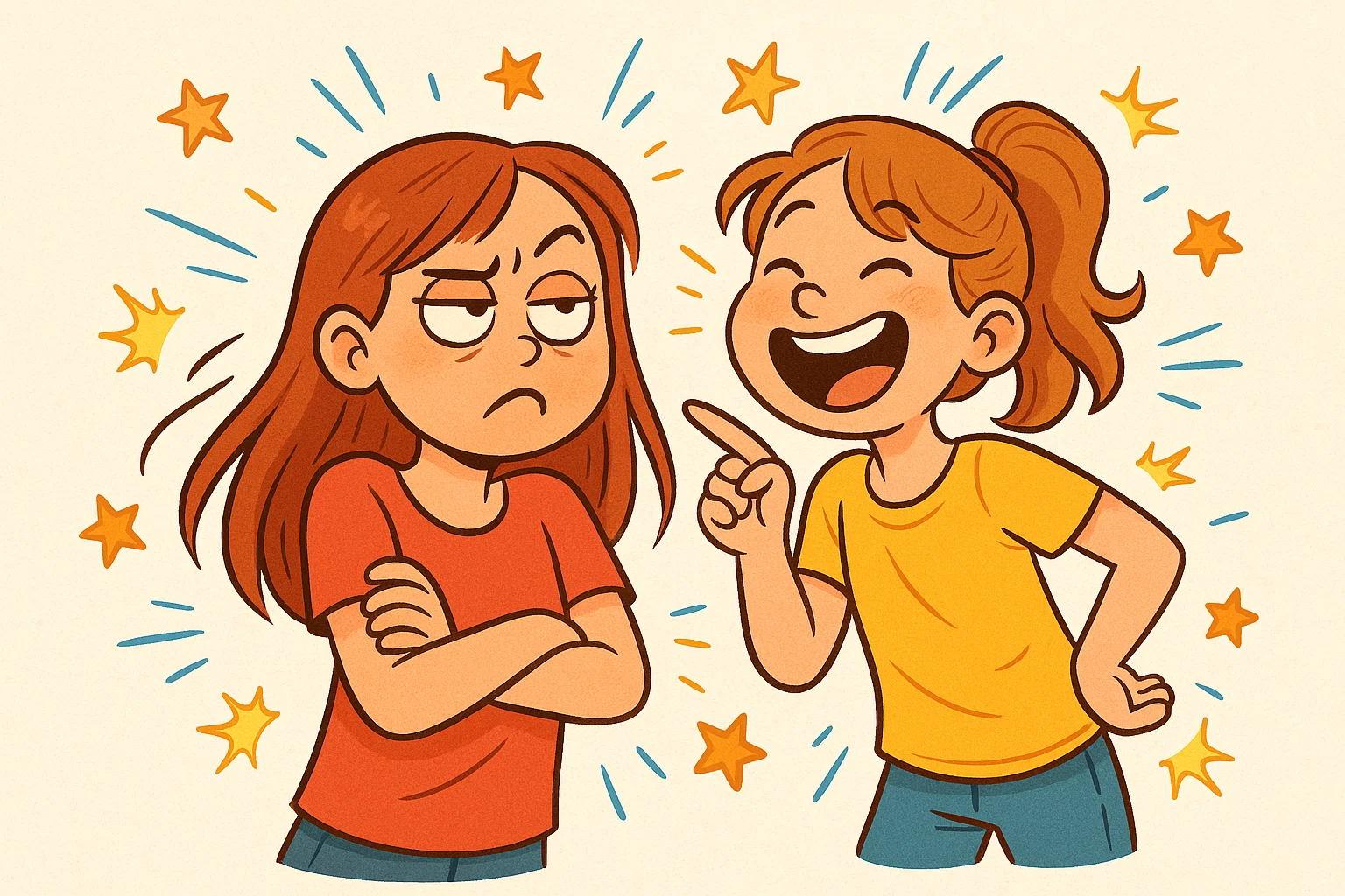Cartoon of funny sisters joking and playfully arguing with expressive faces.