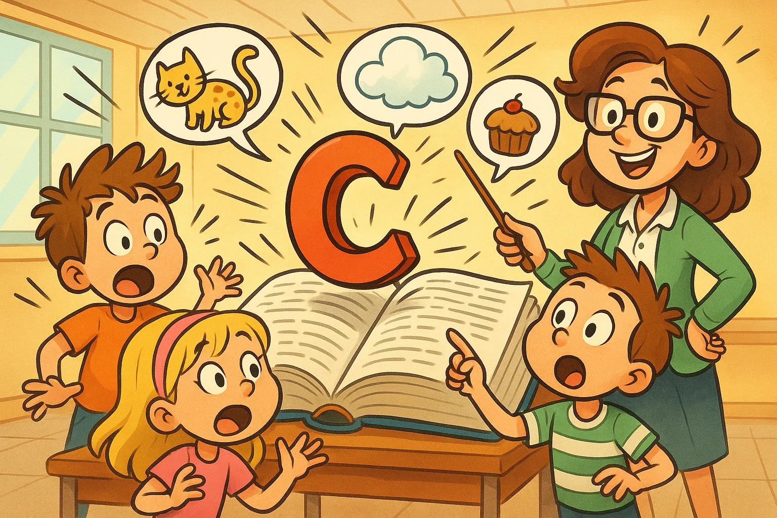 Kids explore giant dictionary with funny words start with c list in cartoon classroom.