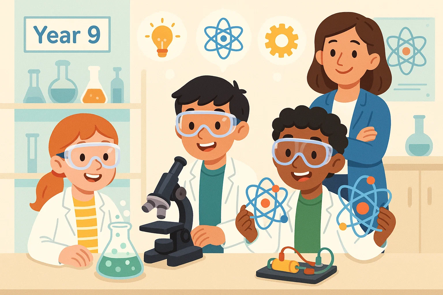 Year 9 students learning combined science with biology chemistry and physics elements.