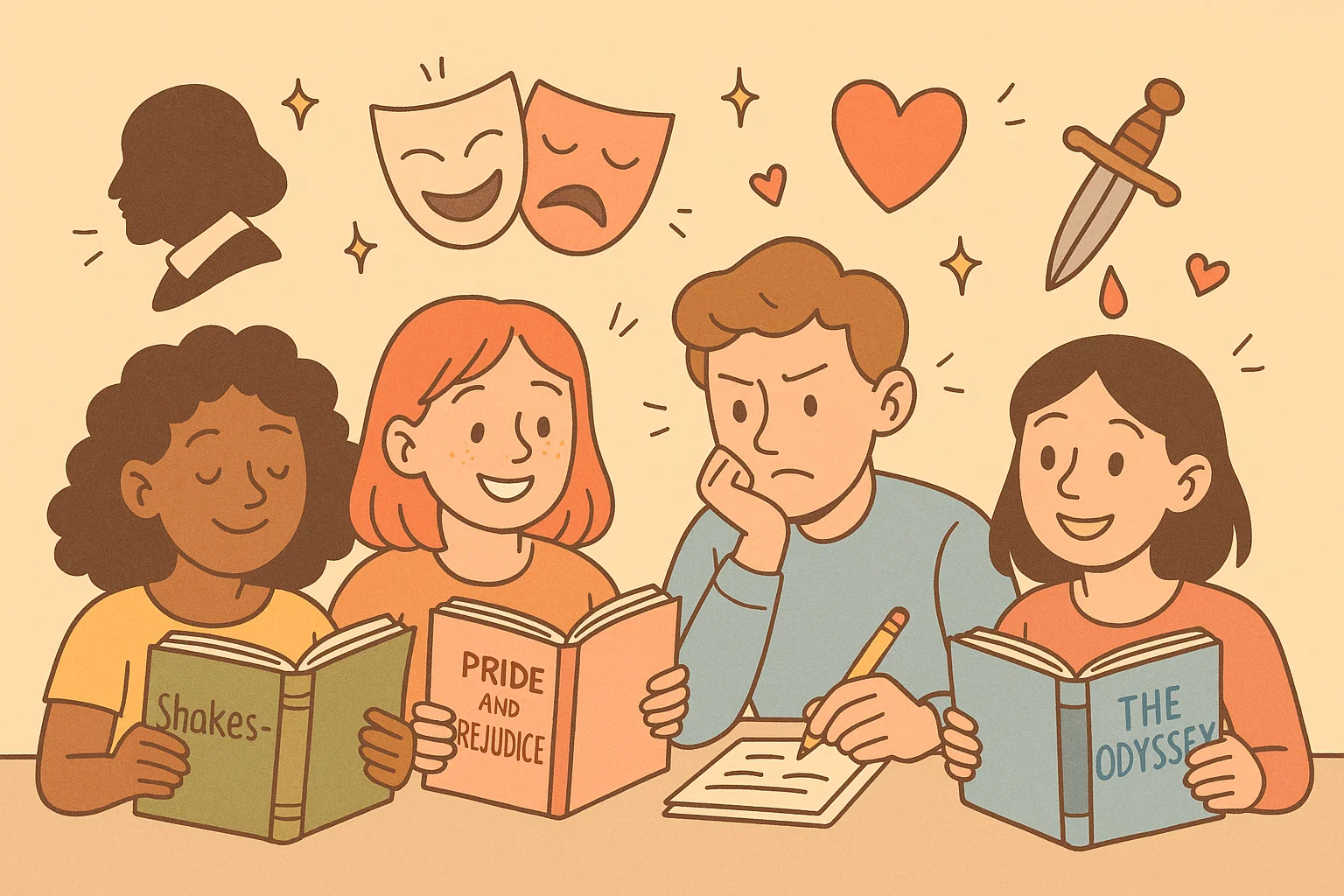 Year 9 students studying English literature with symbols from classic texts.