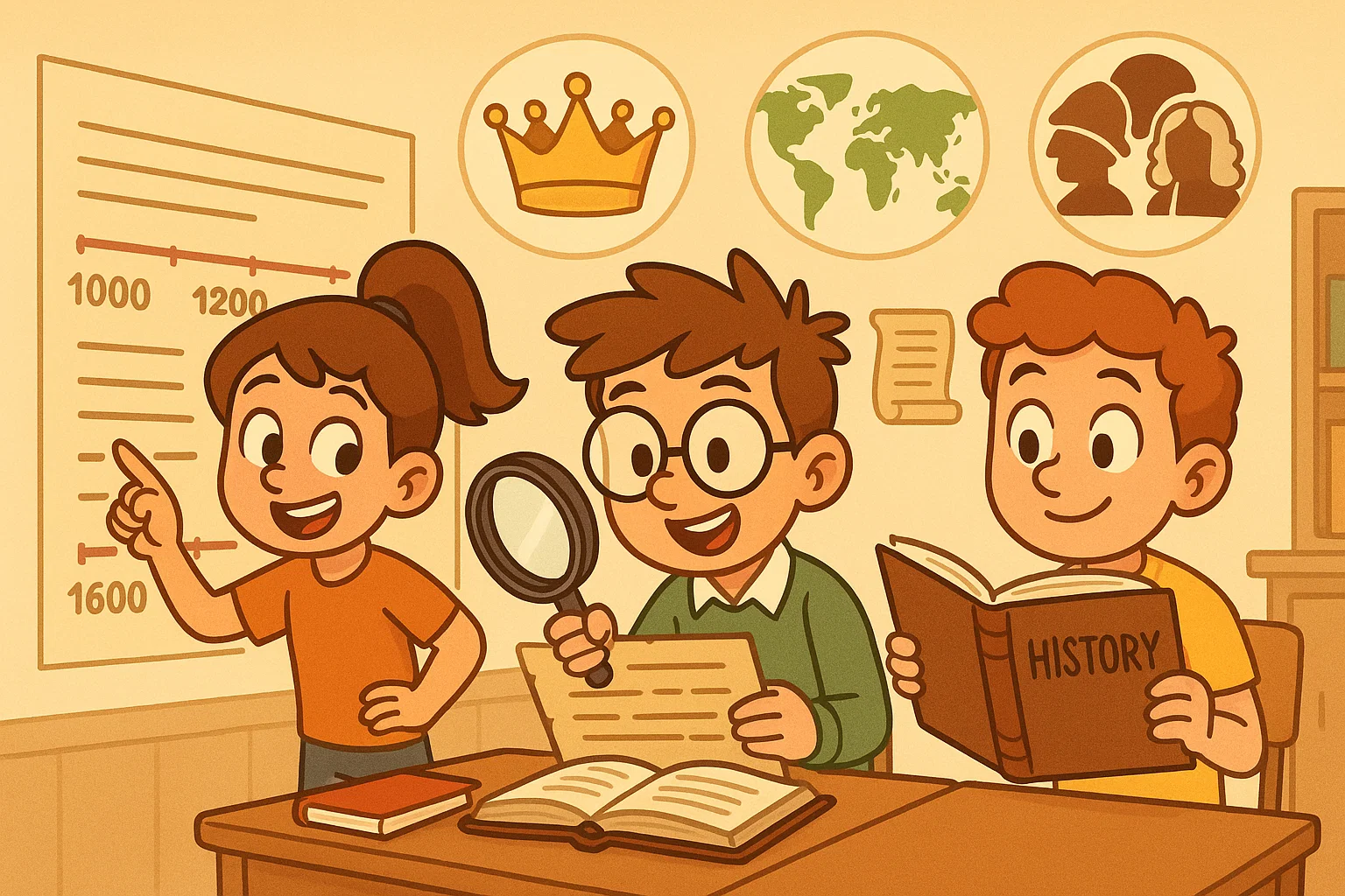 Year 9 students learning history and exploring timelines and historical icons.
