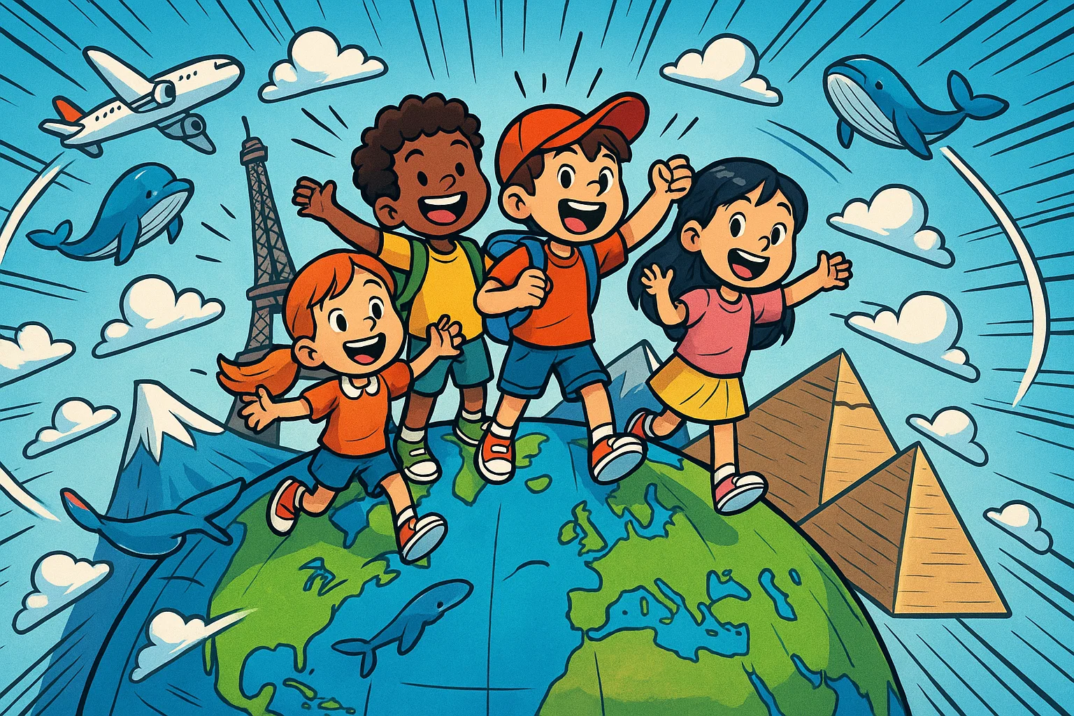 Colorful cartoon of 10 year olds exploring geography facts on a globe.