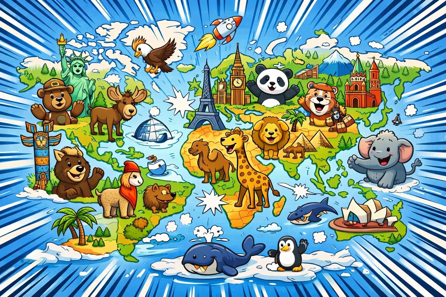 Fun geography facts with colorful world map and landmarks.
