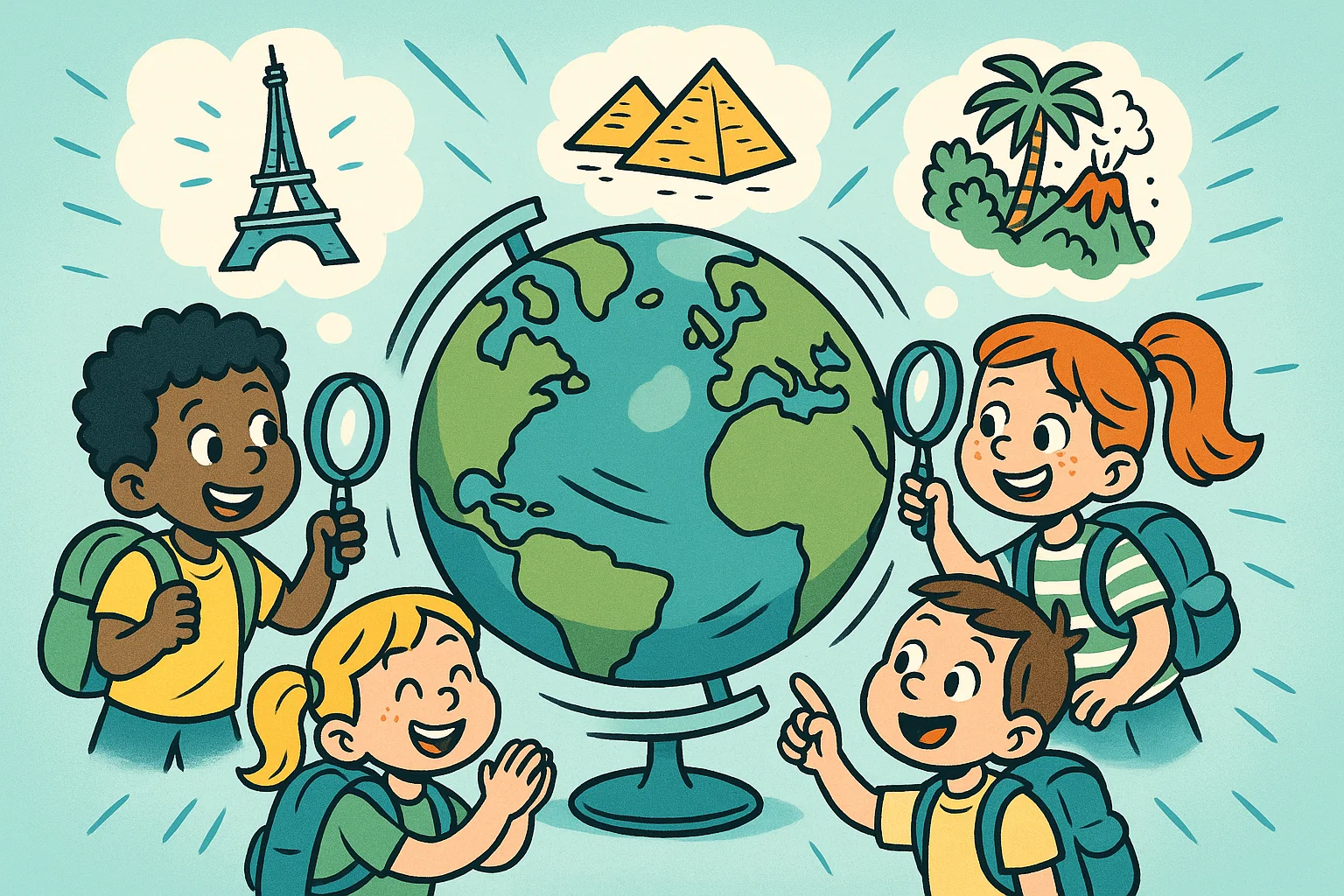  Cartoon kids studying geography fun facts for 9 year olds with globe.
