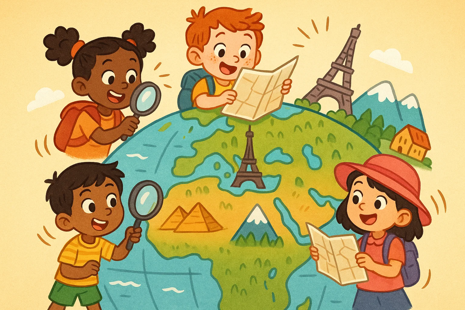 Geography fun facts primary students cartoon with kids exploring a globe.
