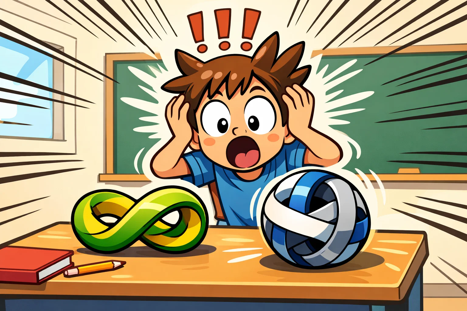 Geometry topology cartoon with impossible shapes and twisted ball.
