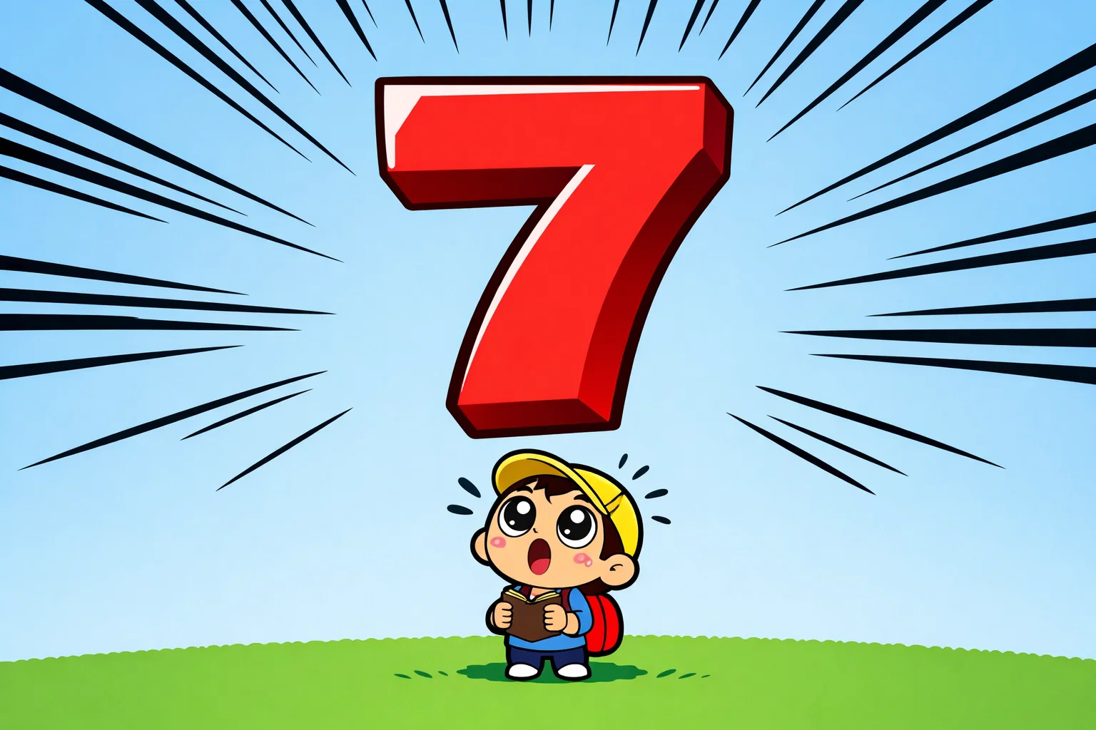 Giant math number cartoon student amazed by enormous number.
