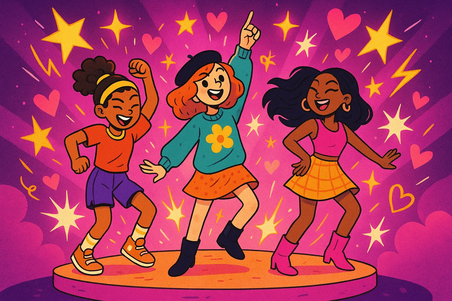 Girls dancing on a glowing stage showing power and confidence.