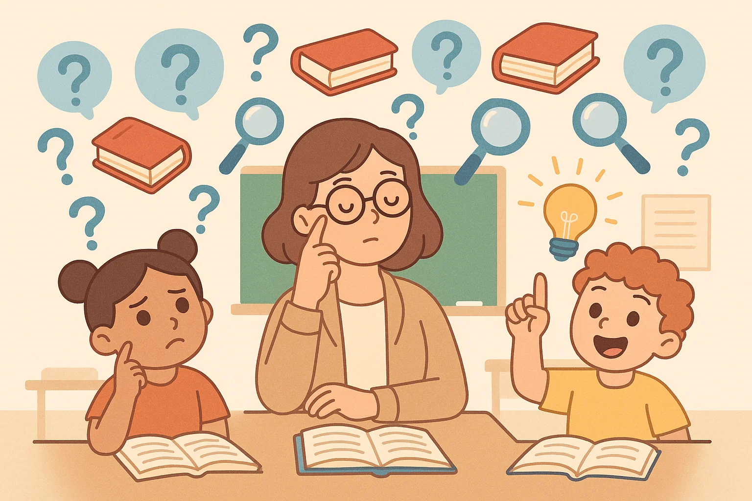 Teacher and students thinking about good riddles with creative classroom atmosphere.