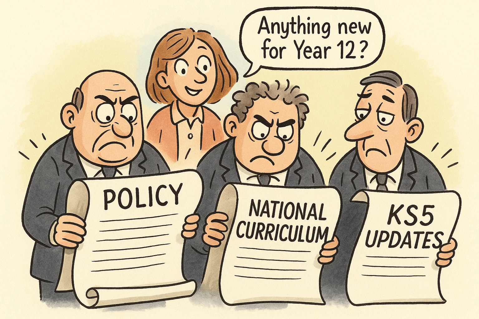 Cartoon of government activity year 12 education with policy updates.