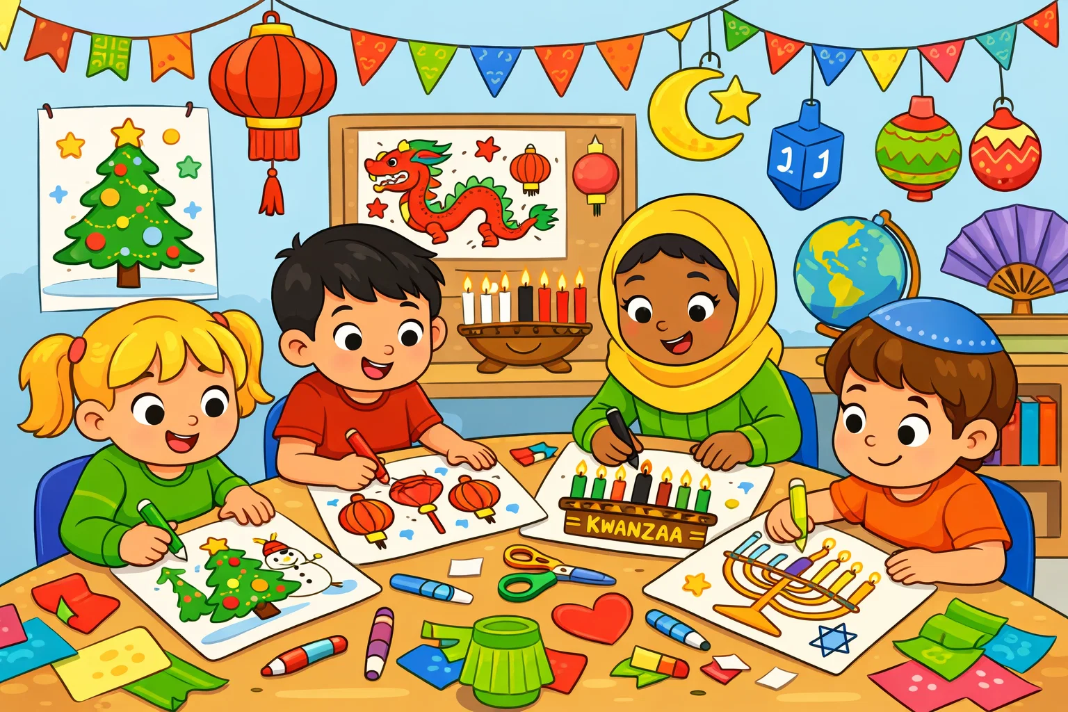 Grade 2 cultural and holiday drawing ideas with festive classroom art projects.
