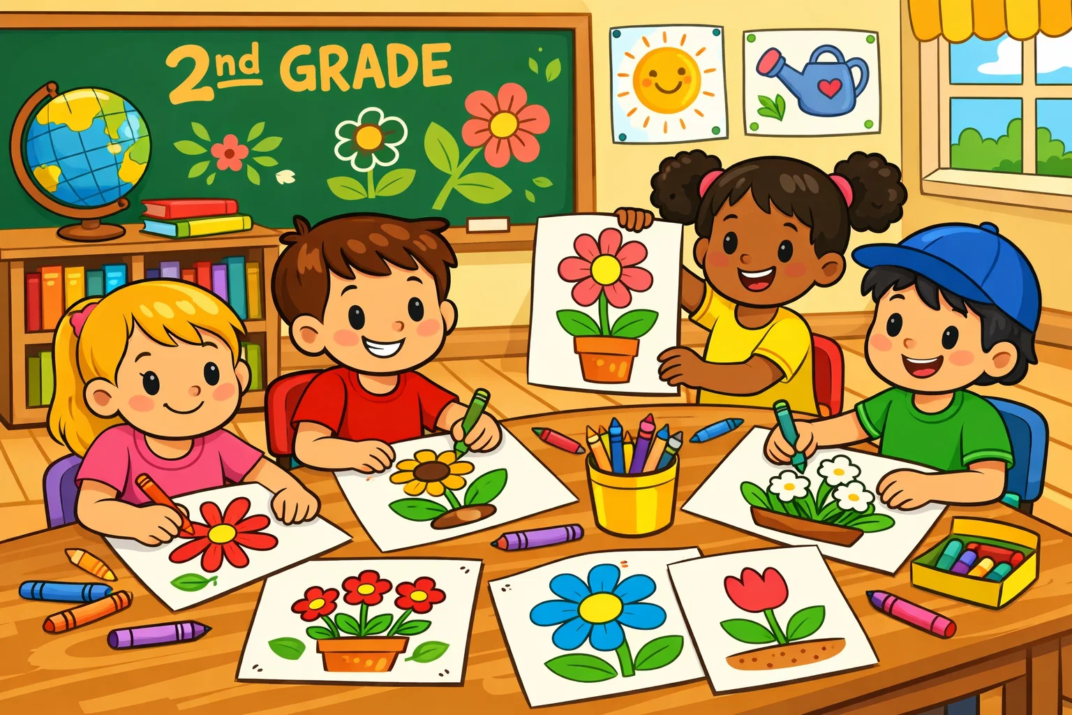 Grade 2 flower and plant drawing ideas with kids creating bright classroom art.
