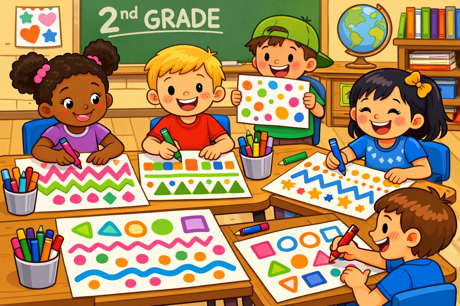 Grade 2 pattern and design drawing ideas with dots, stripes, and bold shapes.
