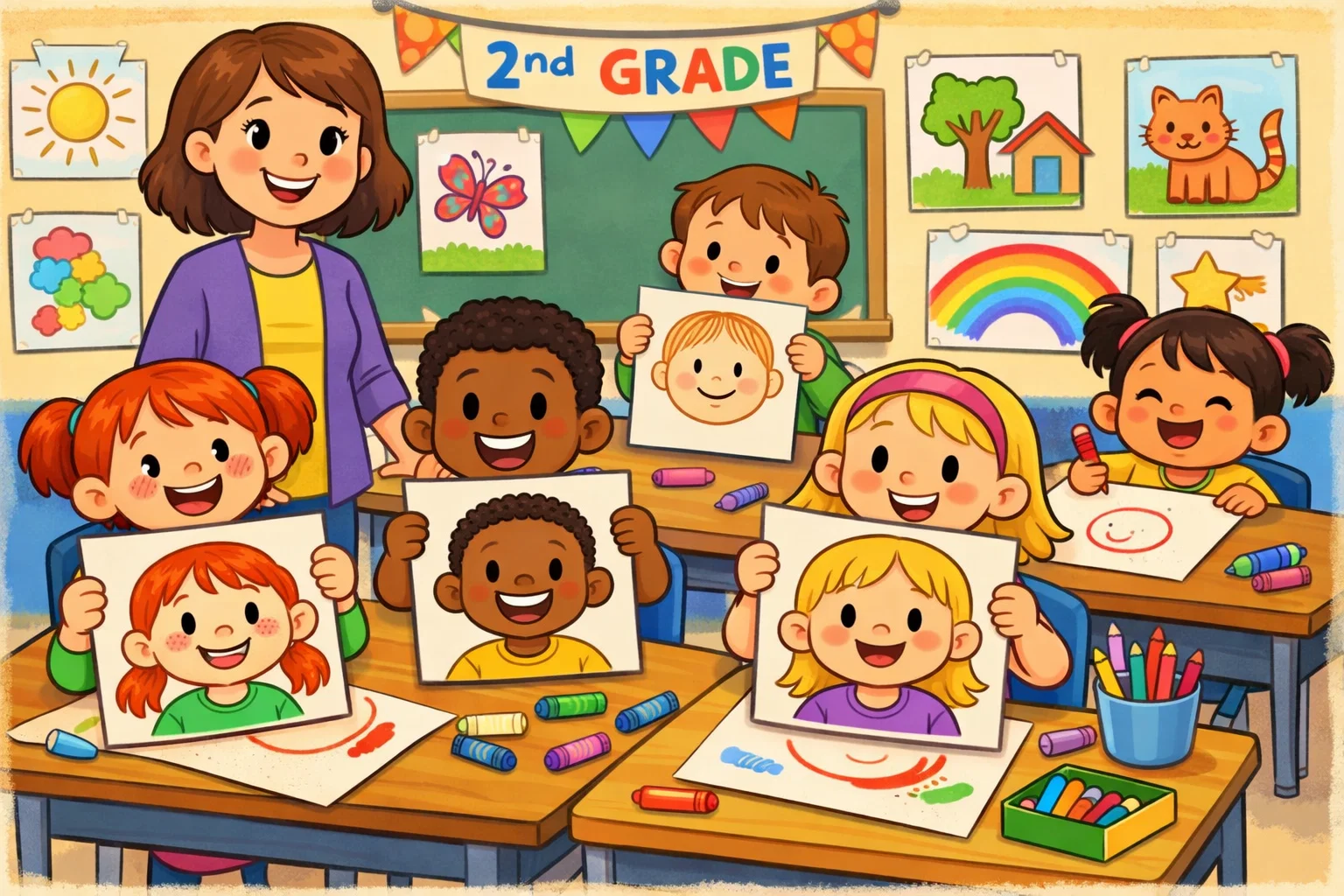 Grade 2 self portrait drawing ideas in a cheerful classroom art lesson.
