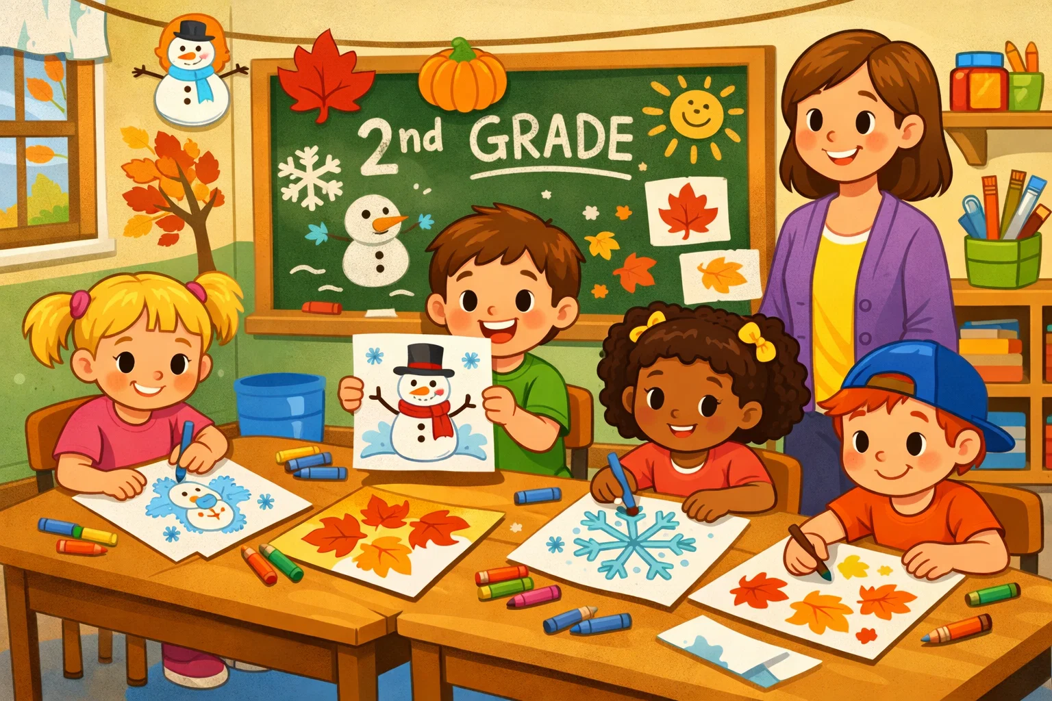 Grade 2 winter and seasonal drawing ideas with snowmen and leaves in class.
