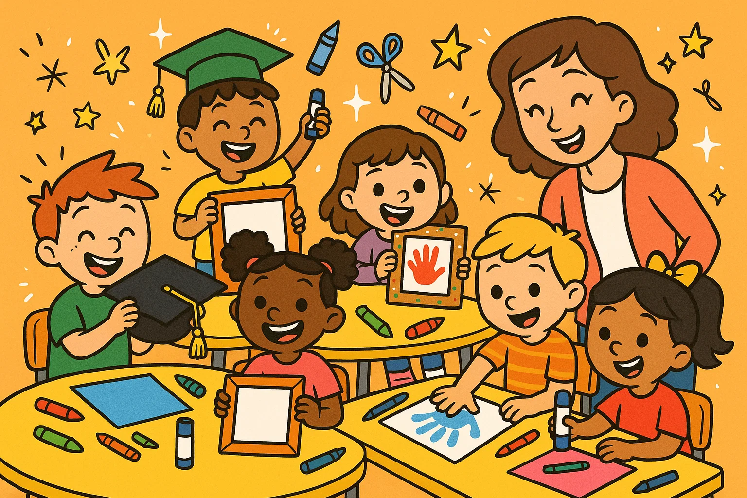 Cartoon scene of kids working at graduation craft stations with bright creative materials.