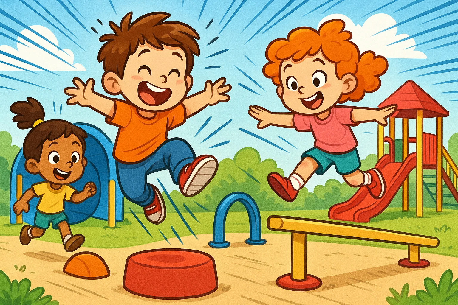 Gross motor play for 3 year olds jumping and running in playground.
