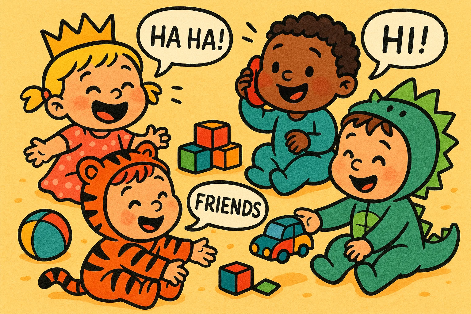 Toddlers role playing and sharing toys during group playdate activity.
