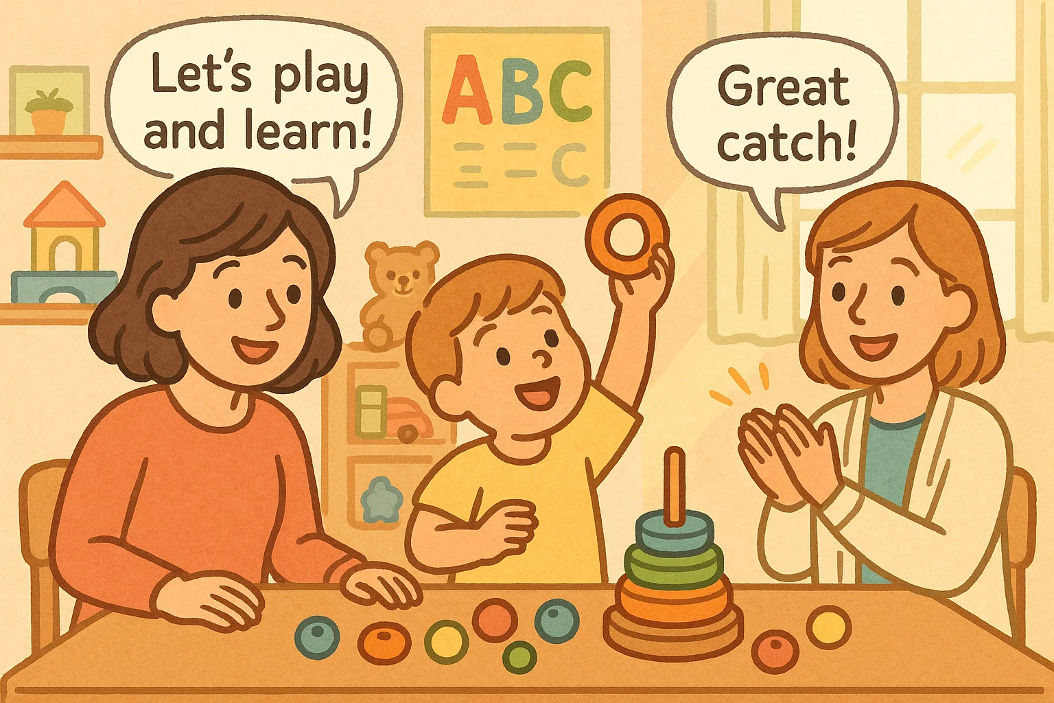 Child learning hand-eye coordination with parents and teachers.

