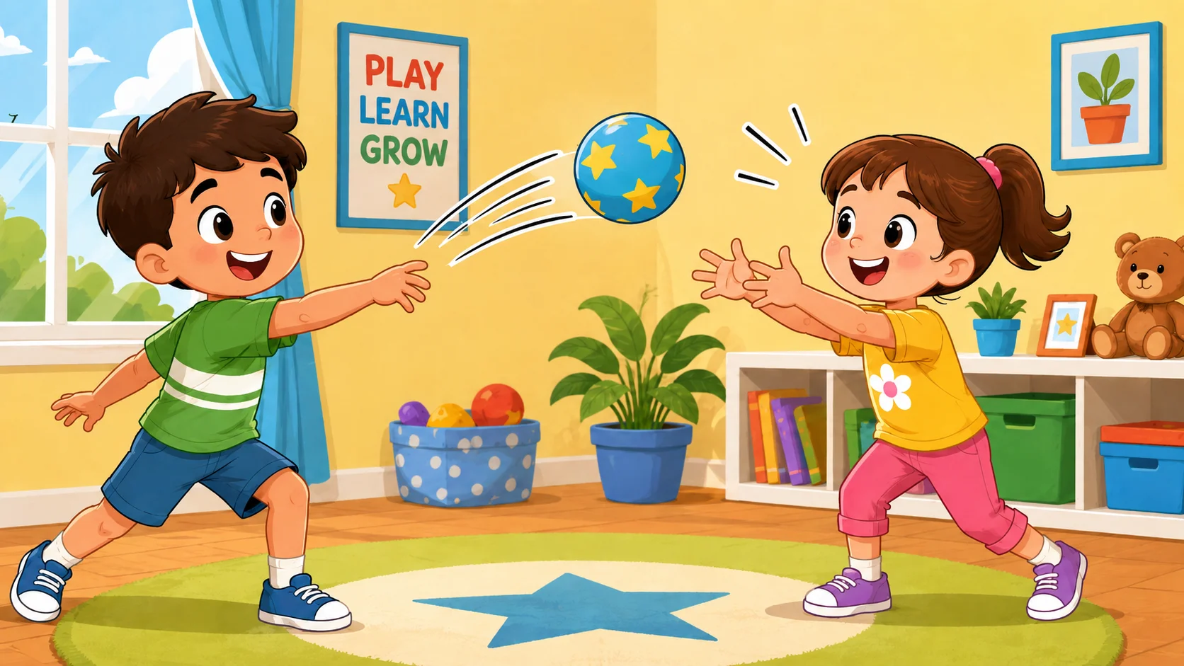 Hand eye coordination games for kids playing catch with soft ball. 
