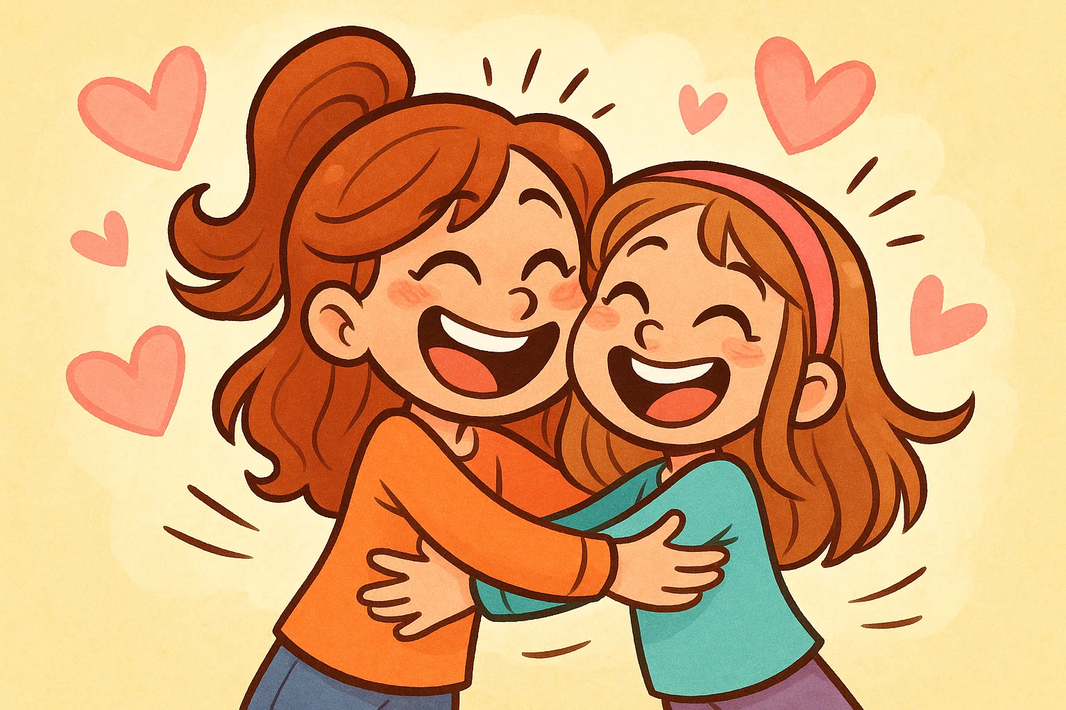 Cheerful sisters hugging and smiling in a playful cartoon illustration.