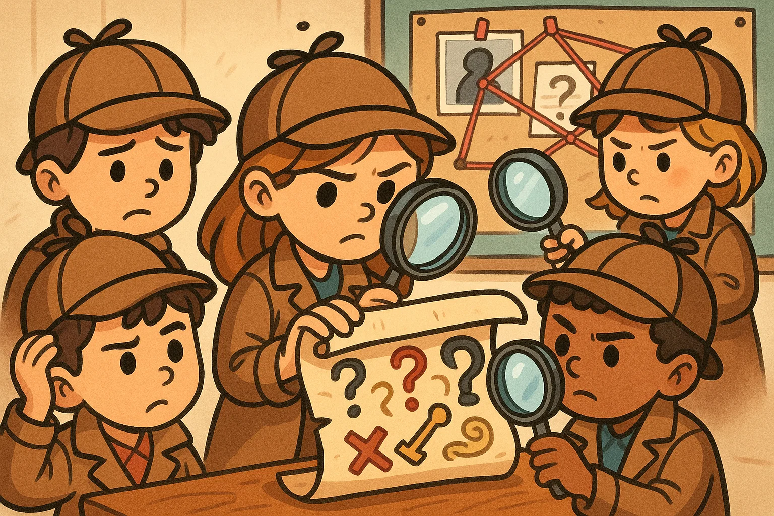 Kids acting like detectives solving hard riddles for 10 year olds.
